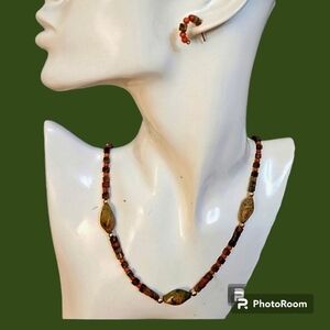 Handmade Unakite Beaded Necklace Hoop Earrings Set